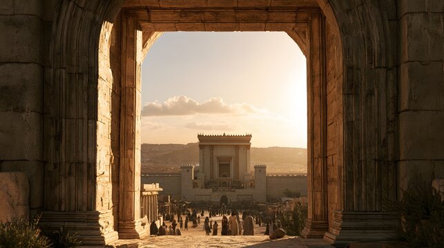 View of the second temple in jerusalem through a stone gate