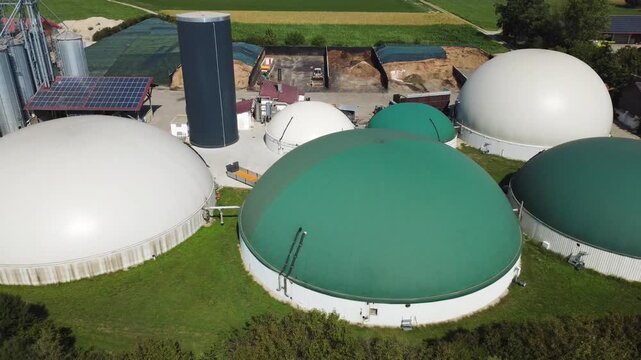 Aerial Orbit of Biogas Plant Digester Domes with Gas Storage Membranes &ndash; Pocking, Bavaria