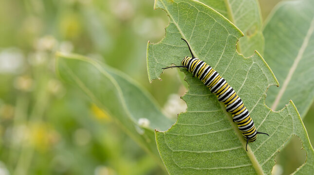 Monarch caterpillar actively eating the edge of a damaged milkweed leaf. Hungry striped larva chewing on green foliage. Macro wildlife photography
