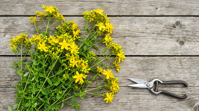 Flat lay of freshly cut St. John's wort flowers and pruning shears on a wooden table. Medicinal herbs preparation. Copy space