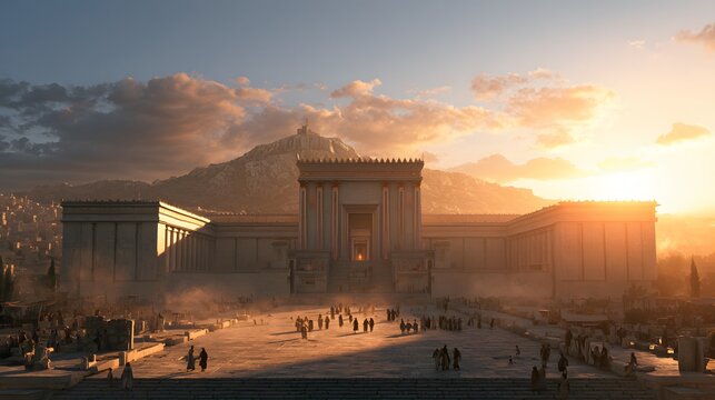 Majestic ancient temple in jerusalem at sunset with mountain backdrop