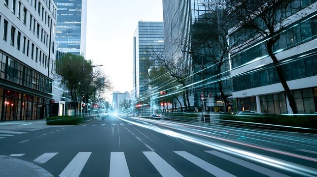 A futuristic city street with motion blur from traffic  tall glass buildings  and trees lining the road under a bright sky