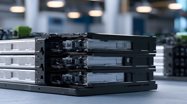 Stacked solid state battery cells with visible internal components and precise engineering in a modern industrial setting