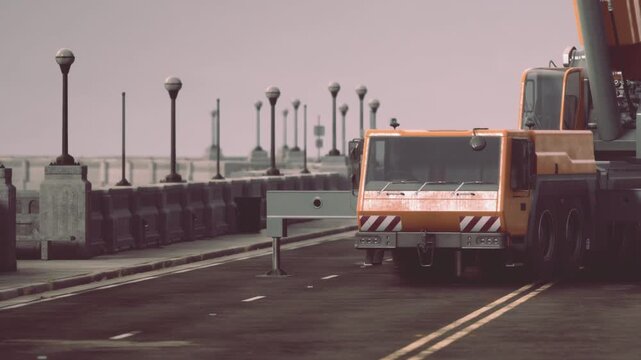 Two construction vehicles are parked on a road beside a bridge. The scene is set in the afternoon with clear weather. Workers prepare for road maintenance.