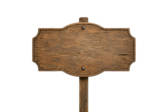 Blank weathered wooden signboard with decorative carved edges and natural wood grain mounted on a sturdy post, isolated on a clean white background with ample copy space for advertising, announcements