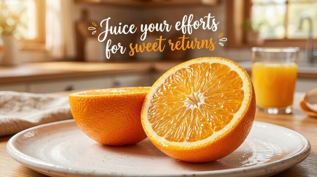Half cut orange on a plate next to a glass of orange juice, with inspirational text "Juice your efforts for sweet returns" in the background