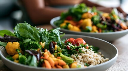 Two bowls of colorful fresh salad with greens roasted vegetables and grains on a wooden table