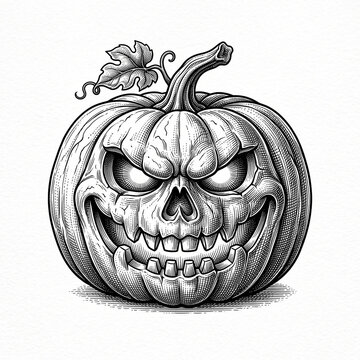Spooky carved Halloween jack-o'-lantern pumpkin with an evil smile in vintage engraving style, digital art