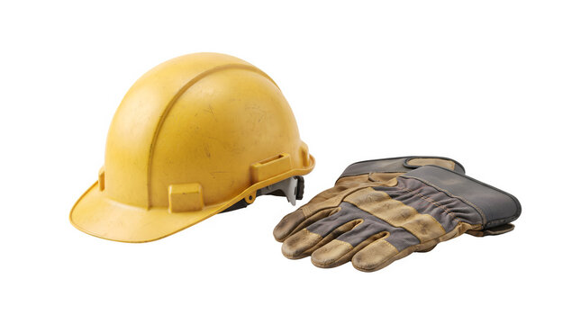 Yellow hard hat and industrial work gloves, construction safety equipment on white background, protective gear for engineering and labor