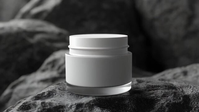 Cosmetic cream jar rotating gently on textured stone surface with soft studio lighting