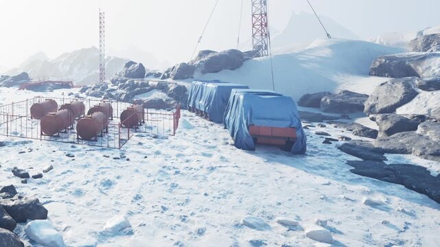 The scene shows a storage area with covered equipment and gas tanks on a snowy mountain. Ice and rocks surround this site. A tall tower is visible in the background.