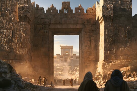 Ancient jerusalem city gate with a view of the second temple at sunset