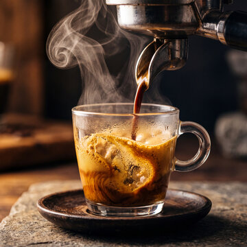 Freshly brewed espresso pouring into a glass cup, with steam rising from the hot coffee