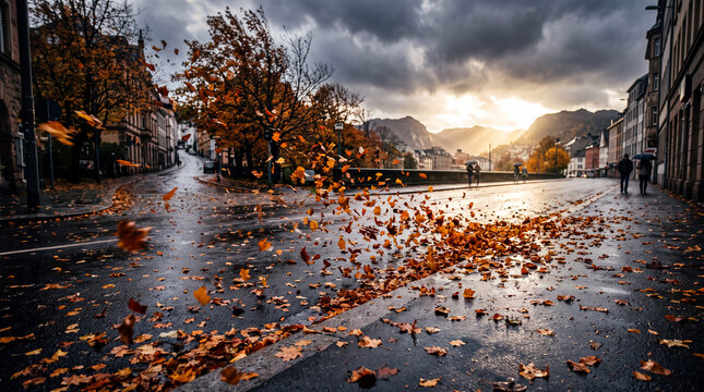 Autumn storm sweeping through a quaint European street with fallen leaves dancing in the wind and dramatic sky