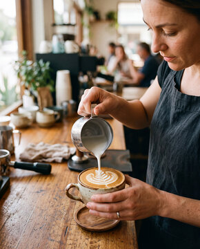 Barista making latte art at a coffee shop