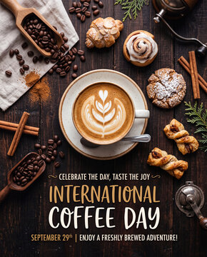International Coffee Day celebration with latte art, coffee beans, and pastries on rustic wooden table