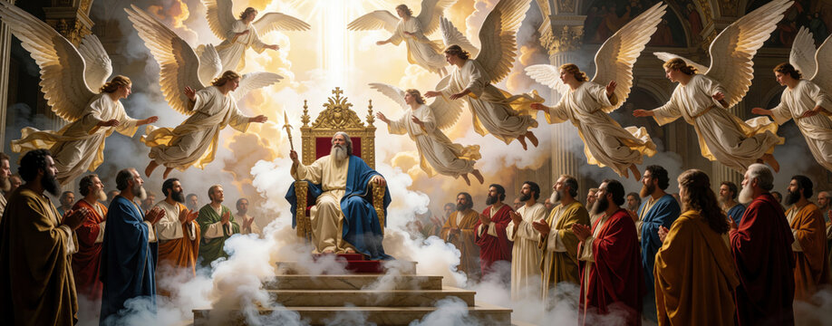 God sits on golden throne in celestial heaven. Seraphim angels with many wings fly through white clouds, divine light. Biblical vision of holy throne room with smoke, rays. People worship divine
