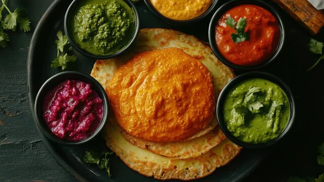 Assorted Colorful Chutneys and Dips Served with Flatbread