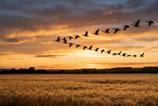 Flock of geese flying in V formation during sunset over a golden wheat field