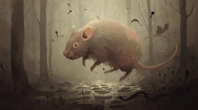 Mysterious large rat exploring a dark, misty forest with floating keys
