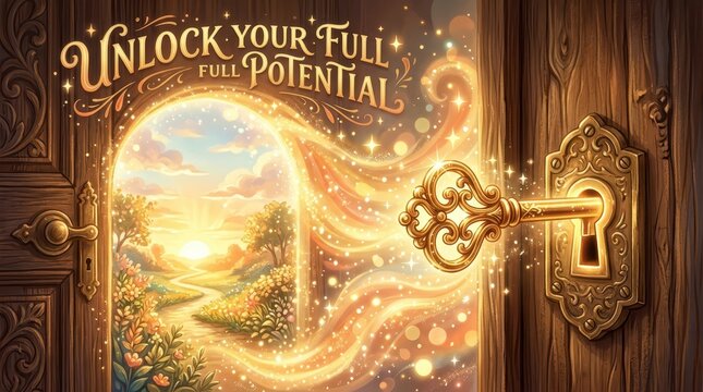Golden ornate key unlocking a magical door to a sunlit dream landscape symbolizing potential and opportunity