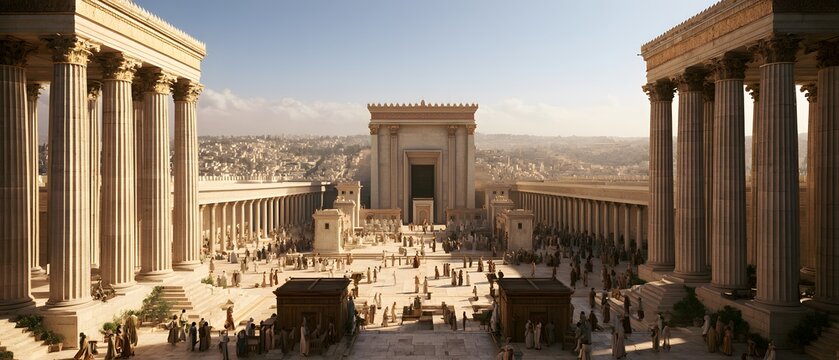 Historical view of the second temple in jerusalem with bustling courtyard and colonnades