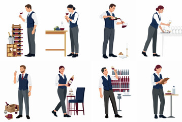 Obraz premium Flat vector illustration set of professional male and female sommeliers performing various wine tasting and service tasks on a white background.
