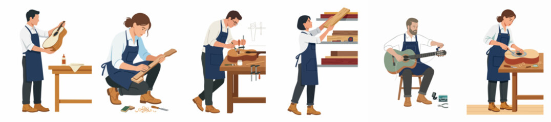 Fototapeta premium A collection of diverse luthiers crafting and testing acoustic guitars in a professional woodworking studio, presented as isolated flat vector illustrations.
