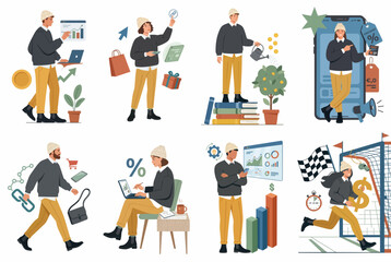 Fototapeta premium Flat vector illustration set of people engaged in diverse business, finance, and shopping activities, featuring data analysis, e-commerce, and financial growth concepts.