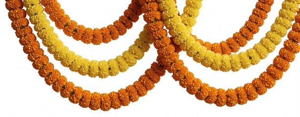 Two garlands made of yellow and orange marigold flowers arranged in smooth waves on a white background. These floral chains are commonly used for Indian festive occasions and decorations.