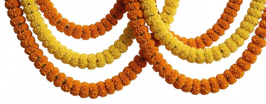 Two garlands made of yellow and orange marigold flowers arranged in smooth waves on a white background. These floral chains are commonly used for Indian festive occasions and decorations.
