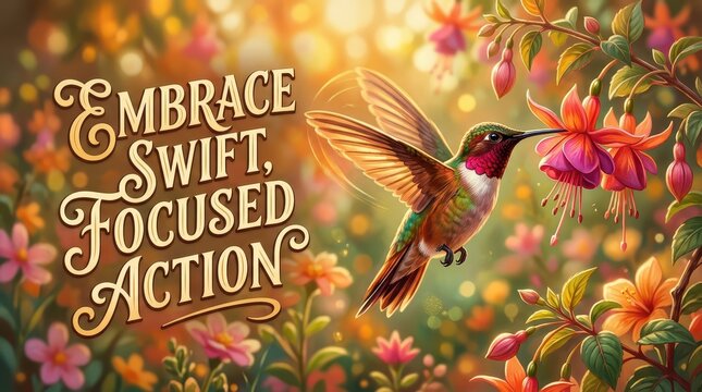 Hummingbird feeding on nectar in a vibrant garden with the motivational phrase "Embrace Swift, Focused Action"