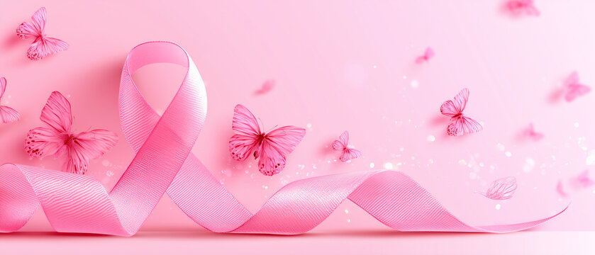 pink ribbon and butterflies, Breast Cancer Awareness Month, banner and wallpaper with copy space 