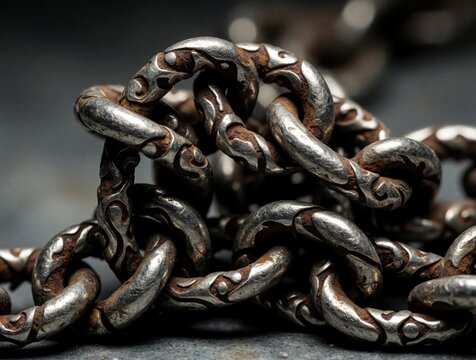 Close up of rusty silver chain links. The intricate pattern shows age and neglect. Heavy metal links are tangled and corroded, creating a moody texture. No people are present.