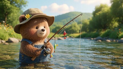 Naklejka premium Cute cartoon bear wearing hat and overalls fishes in shallow river stream. Bear holds rod with lures. Background shows green trees and hills.