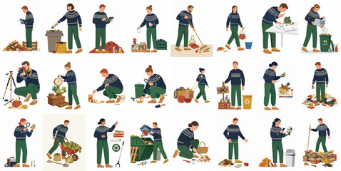 Fototapeta premium A comprehensive set of illustrations depicting diverse people participating in waste management, recycling, composting, and environmental cleaning activities.