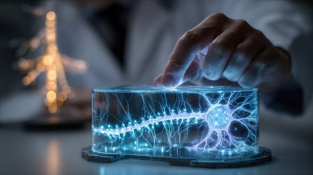 Professional researcher placing a glowing blue biolayer membrane over a model of a synthetic spinal cord representing the future of neuro-link technology and the cure for paralysis science 