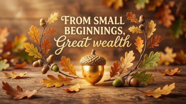 Golden acorn on autumn oak leaves branch with quote "From small beginnings, Great wealth" on rustic wooden background
