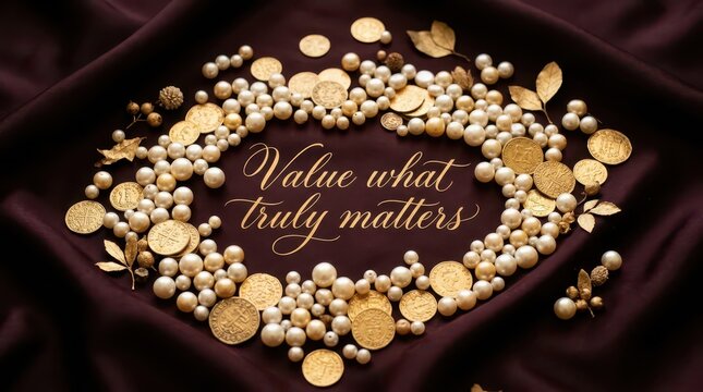 Inspiring Quote 'Value What Truly Matters' surrounded by pearls and gold coins on luxurious dark fabric