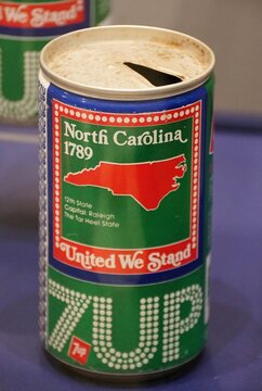 Philadelphia, Pennsylvania, U.S.A - Jul 11, 2026 - A vintage 7UP can featuring North Carolina 1789 state design with patriotic colors and historical details.