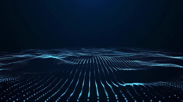Digital abstract flowing particles in dark blue atmospheric background with subtle light flares for technology concepts