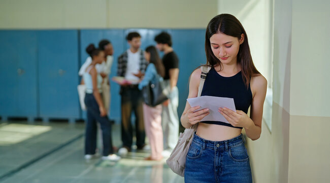 Indian young adult gen z upset student bag standing feel sad fail in exam results card indoor day place Asian tense teen age girl hold paper in hand suffer study issue have bad hostel life