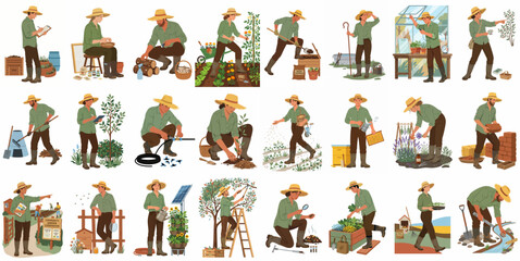 Naklejka premium Flat vector illustrations set of male and female farmers and gardeners performing various agricultural tasks, harvesting, planting, and maintaining a garden or farm.