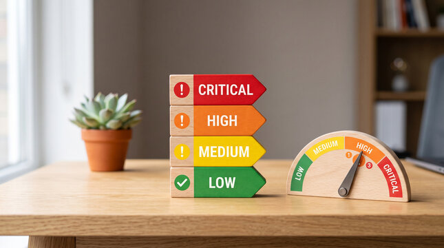 A minimalist workspace features a priority indicator system with a gradient risk assessment dial beside a small potted plant.