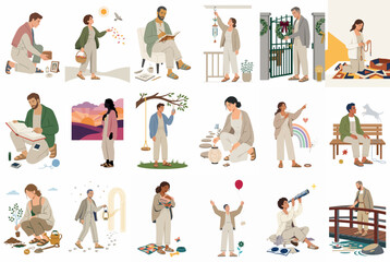 Fototapeta premium Set of Minimalist Vector Illustrations Showing People in Various Daily Activities, Hobbies, and Mindful Moments for Modern Lifestyle Concepts