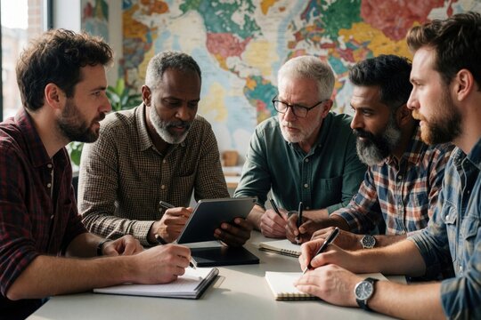 Diverse men in meeting room using tablet and writing notes. Colleagues collaborate around table with world map backdrop. Teamwork and discussion in modern office workspace.