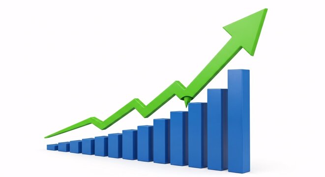 Blue 3D Bar Chart With Green Growth Arrow