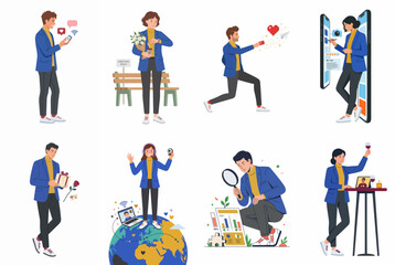 Fototapeta premium Modern Life and Relationship Vector Illustrations Set Featuring Digital Communication Dating and Global Connectivity Concept
