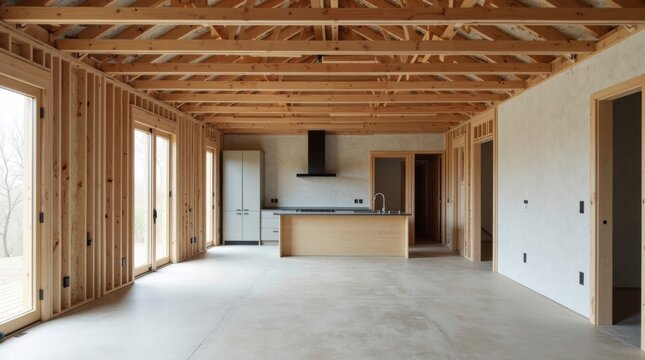 Fase inicial de la construcci&oacute;n interior de una vivienda residencial moderna, con espacios amplios y abiertos