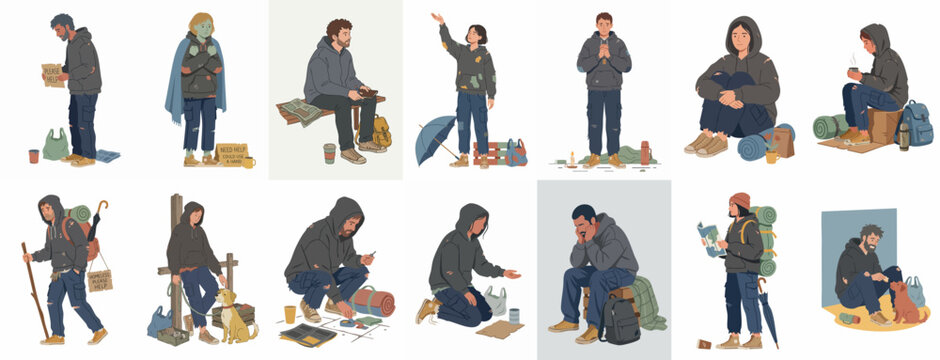 A collection of illustrations showing various homeless people in different poses and situations, highlighting social issues and urban poverty.